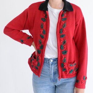 Vintage Dress Barn Christmas Holly Knit Zip Up Cardigan Sweater XL